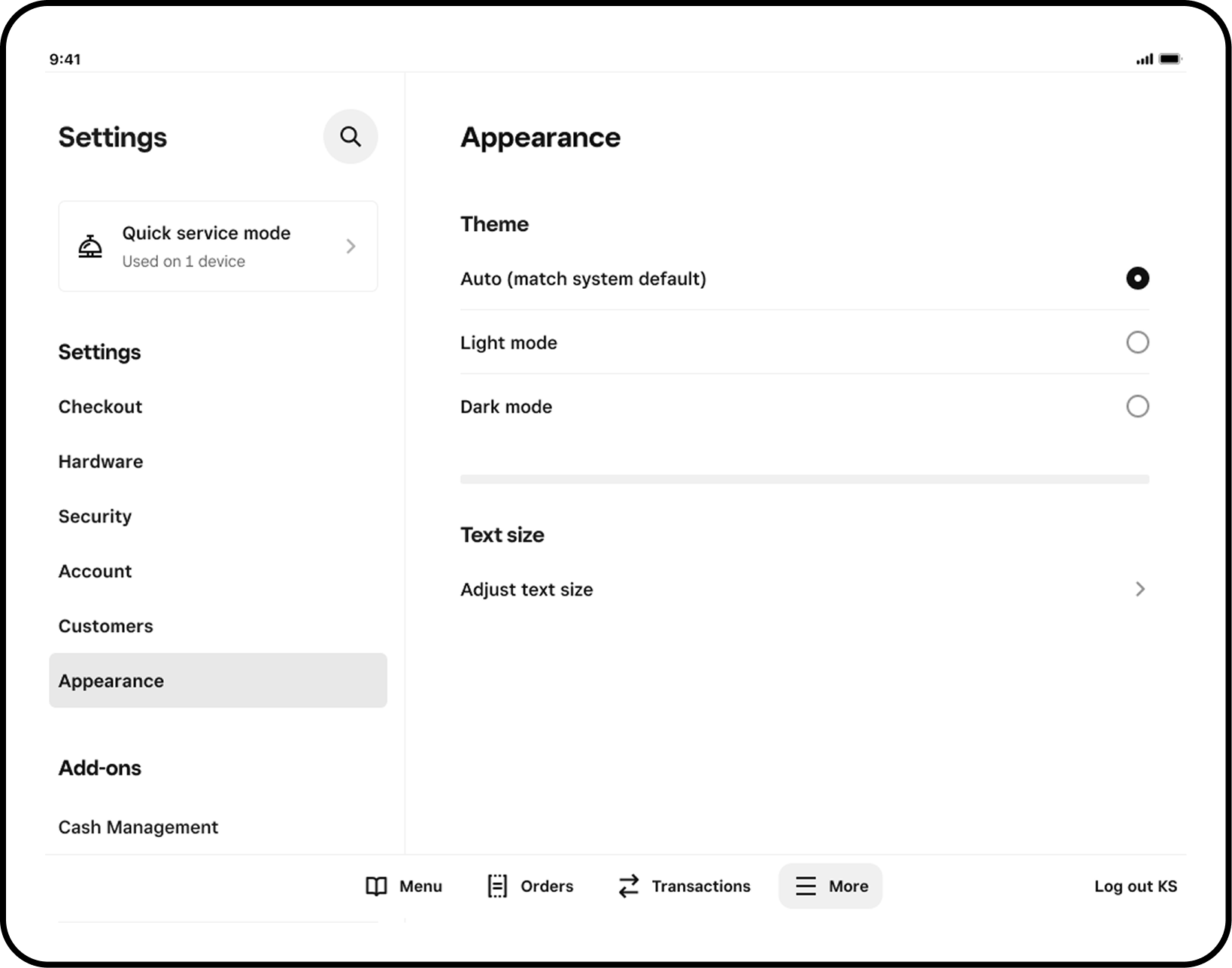 Appearance settings screen showing theme and text size options