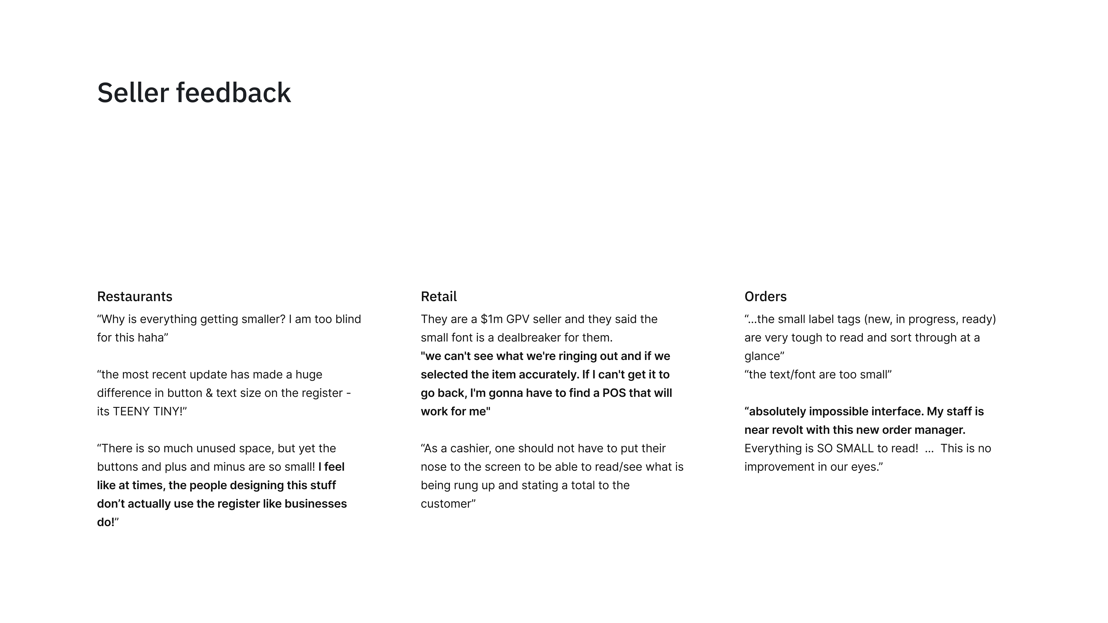 Seller feedback quotes across restaurants, retail, and orders