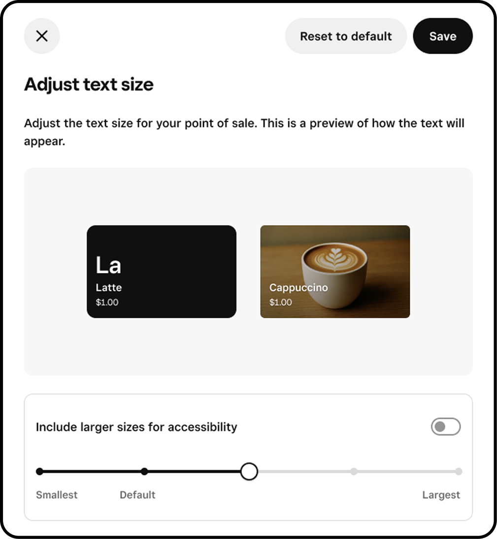 Adjust text size screen with slider and live preview