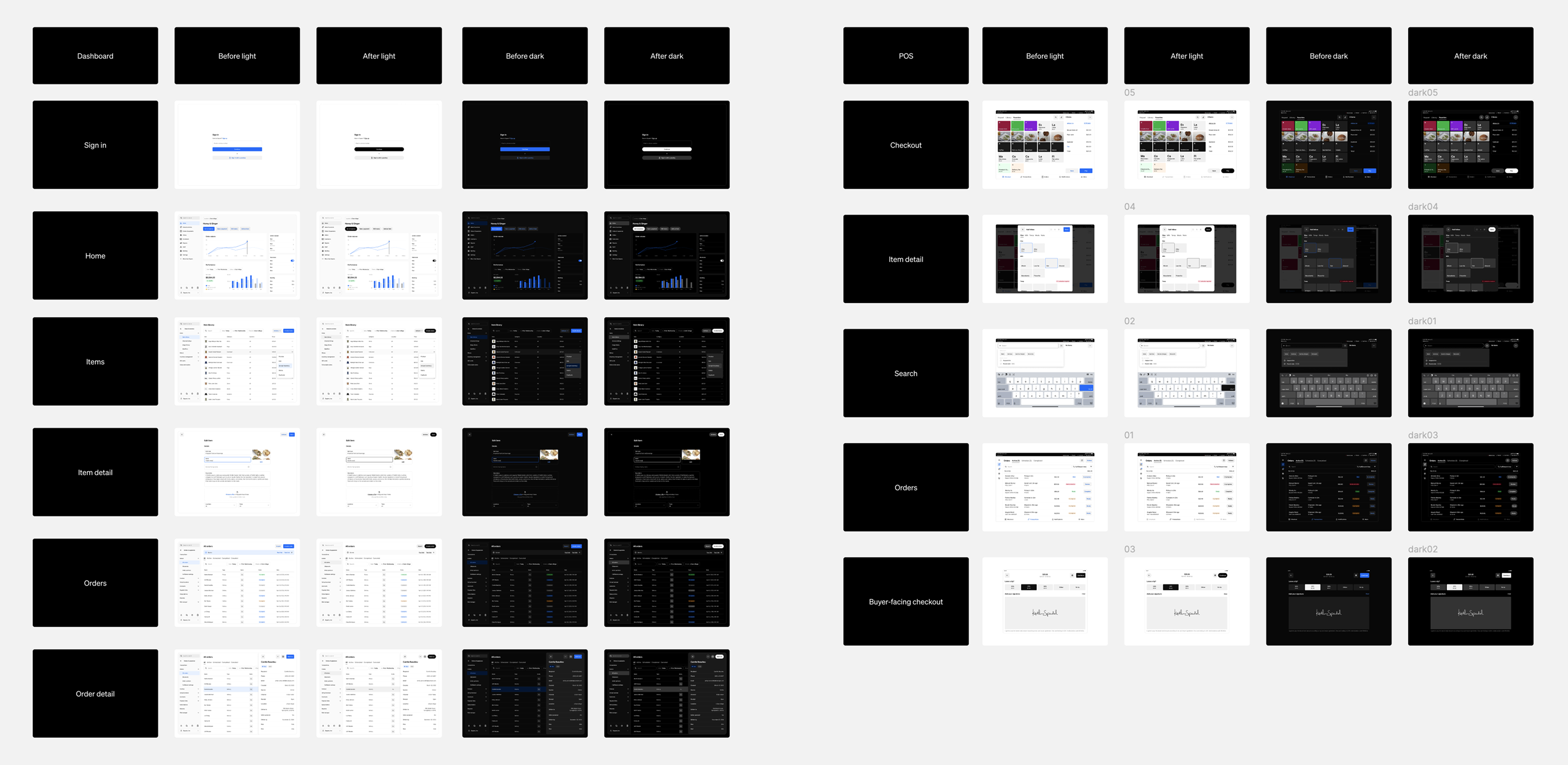 Stress test screens showing before and after across Dashboard, POS, and other surfaces