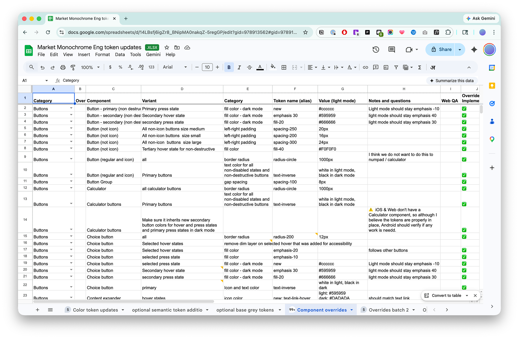 Token documentation spreadsheet tracking every design token change by component